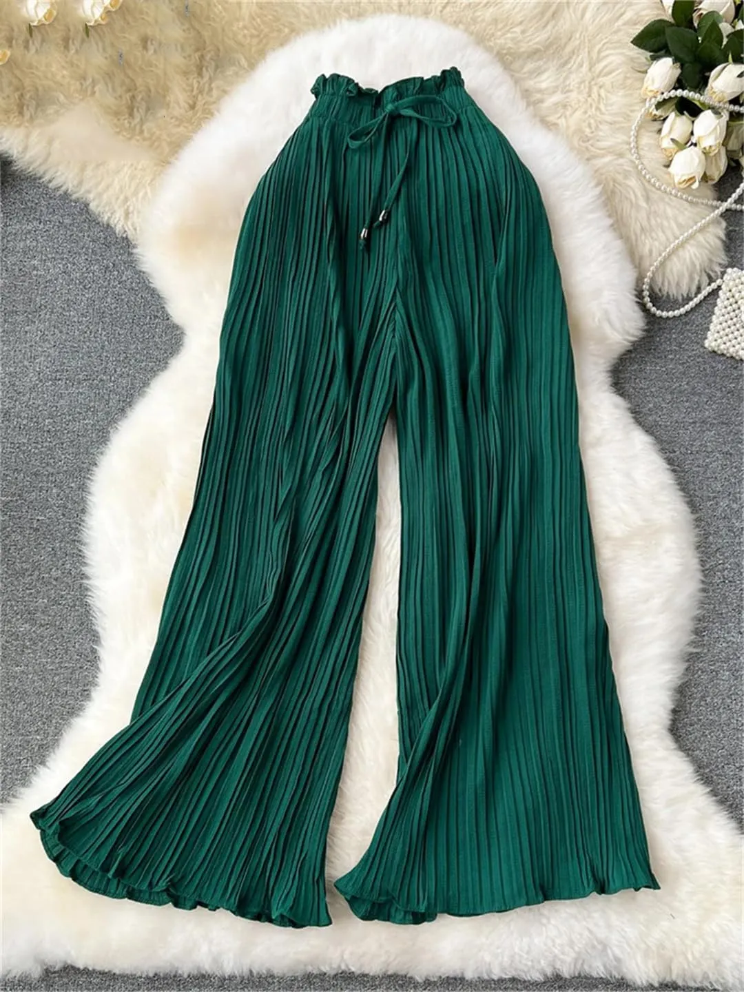 Women Summer Oversize Draped Wide Legs Pants High Waist Solid Long Pleated Trousers