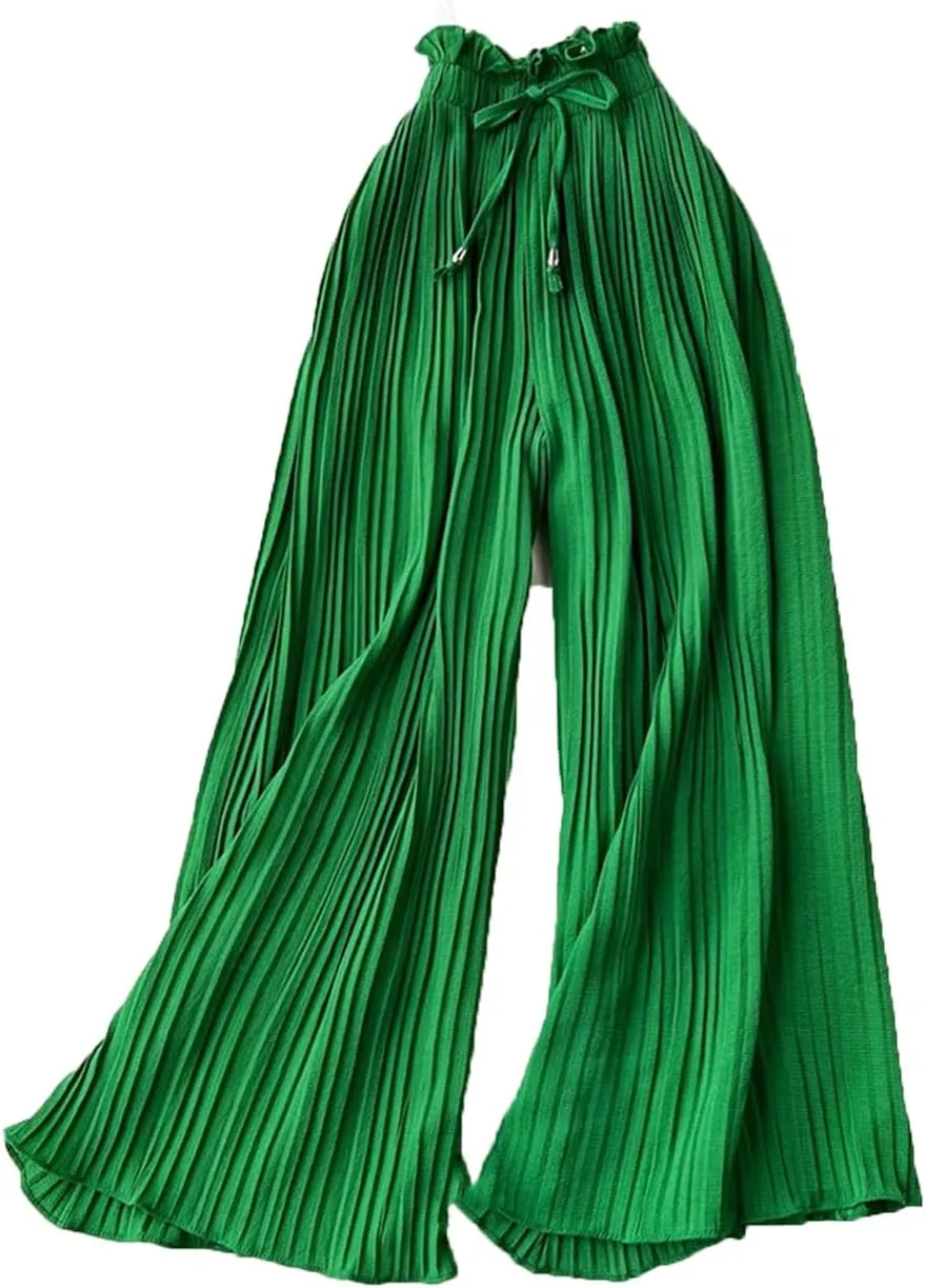 Women Summer Oversize Draped Wide Legs Pants High Waist Solid Long Pleated Trousers