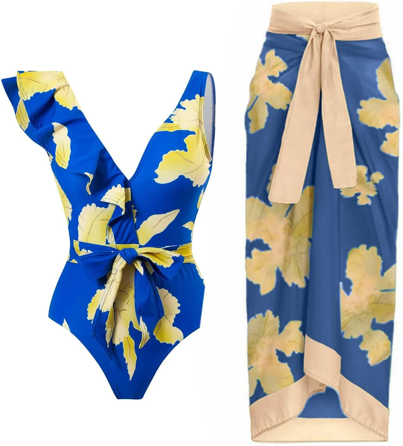 Women Swimwear Two Piece Set Swim Dress Tops Vintage Print Swimsuit Monokini Bikini Set