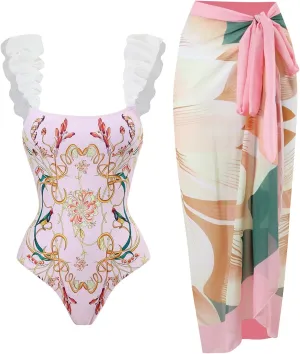 Women Swimwear Two Piece Set Swim Dress Tops Vintage Print Swimsuit Monokini Bikini Set