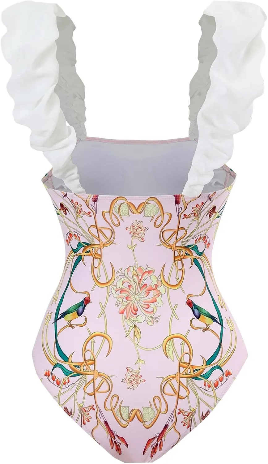 Women Swimwear Two Piece Set Swim Dress Tops Vintage Print Swimsuit Monokini Bikini Set