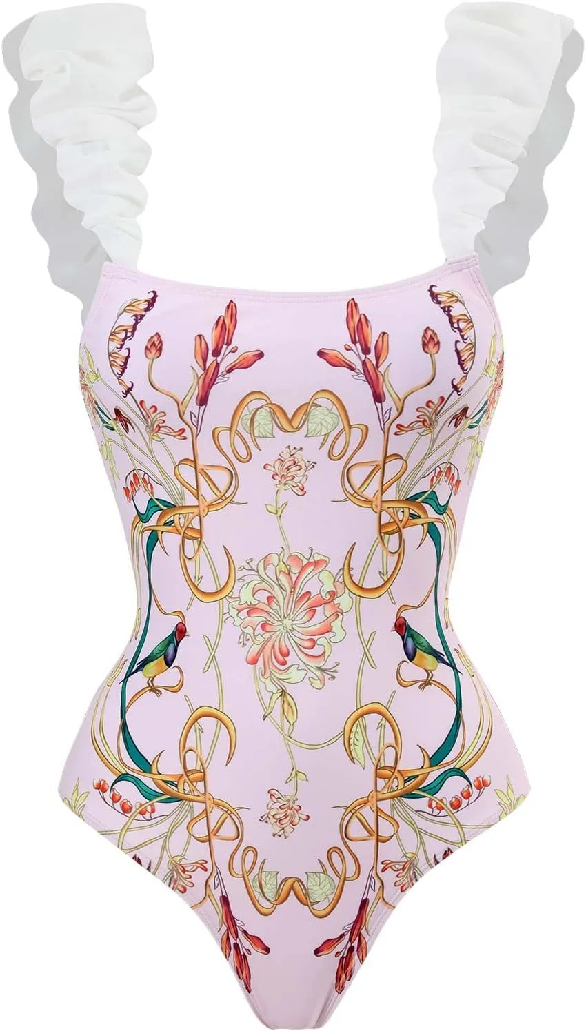 Women Swimwear Two Piece Set Swim Dress Tops Vintage Print Swimsuit Monokini Bikini Set