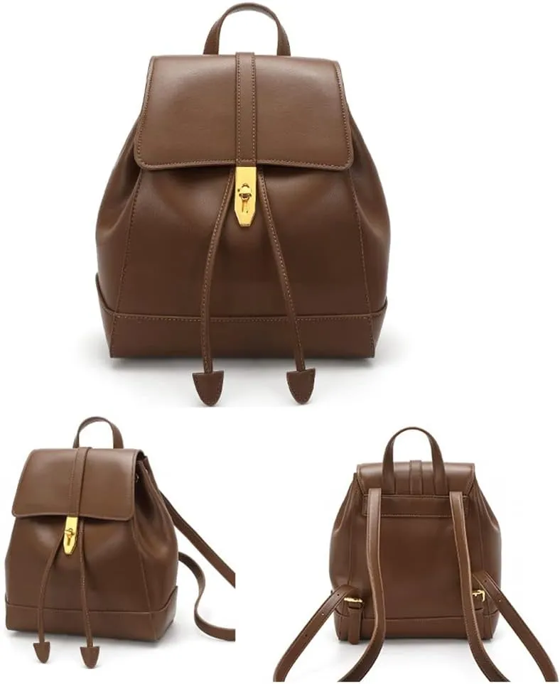 Women Vintage Double Strap Backpack Drawstring Bucket Bag Top Handle Casual Purse for Daily (Brown)