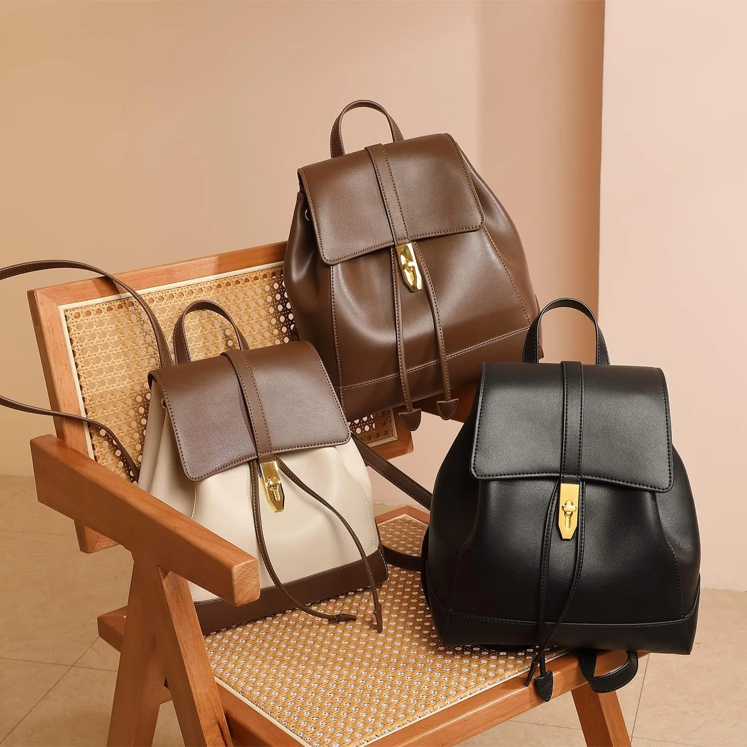 Women Vintage Double Strap Backpack Drawstring Bucket Bag Top Handle Casual Purse for Daily (Brown)