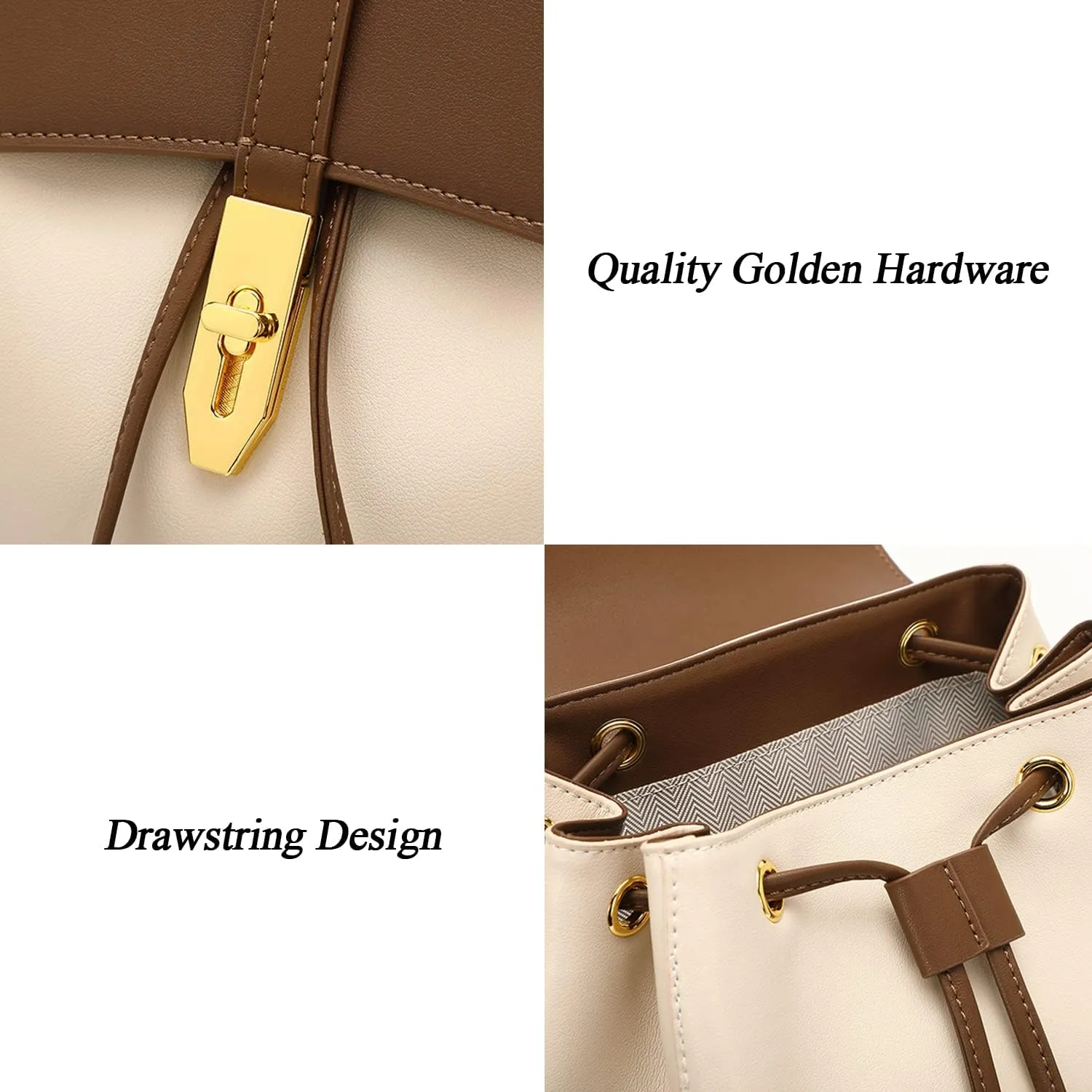 Women Vintage Double Strap Backpack Drawstring Bucket Bag Top Handle Casual Purse for Daily (White)