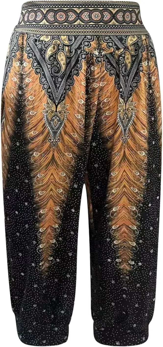 Women's Capri Harem Pants Printed High Waist Yoga Boho Trousers High Rise Wide Leg Cropped Beach Yoga Sweatpants with Pockets