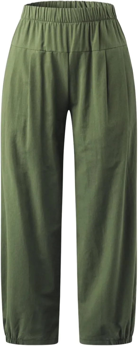Women's Capri Pants with Pockets Drawstring High Waist Pants Flax Ankle Trousers Wide Leg Cropped Pants for Women