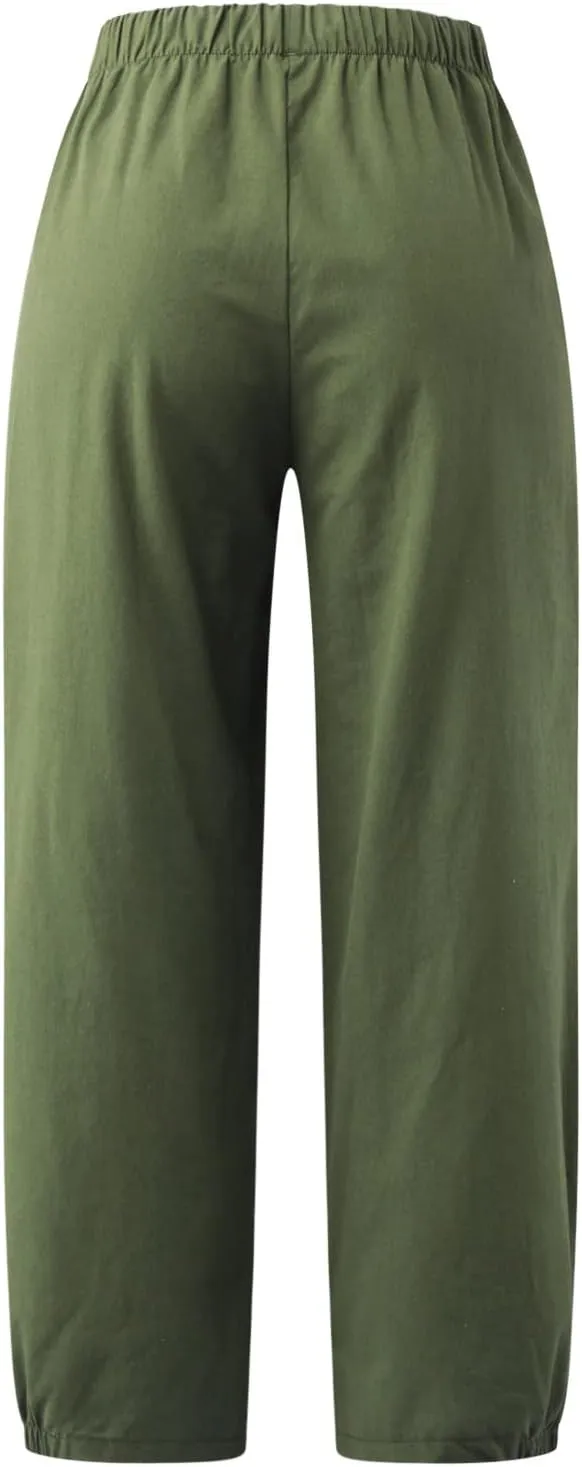 Women's Capri Pants with Pockets Drawstring High Waist Pants Flax Ankle Trousers Wide Leg Cropped Pants for Women