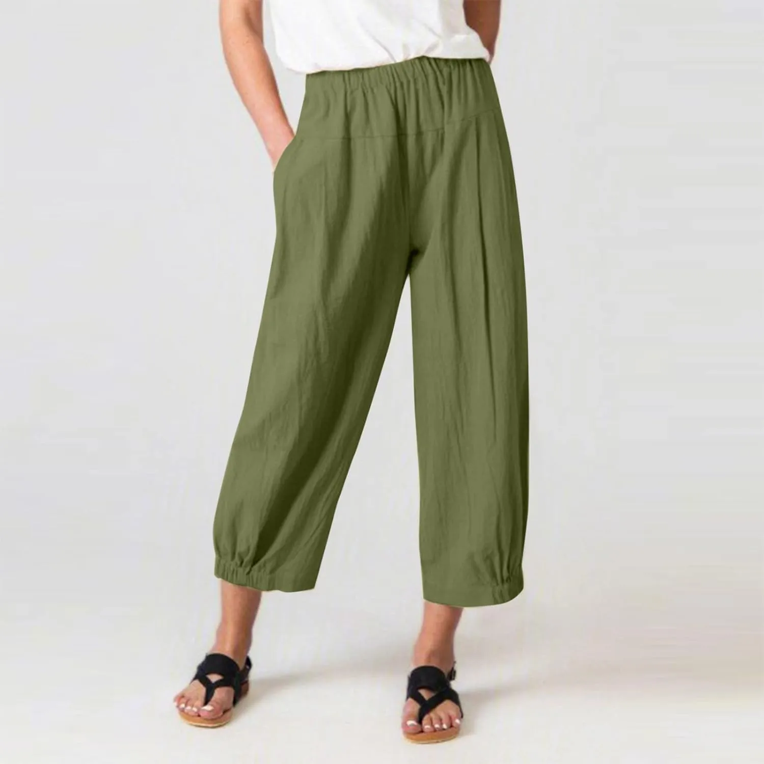 Women's Capri Pants with Pockets Drawstring High Waist Pants Flax Ankle Trousers Wide Leg Cropped Pants for Women