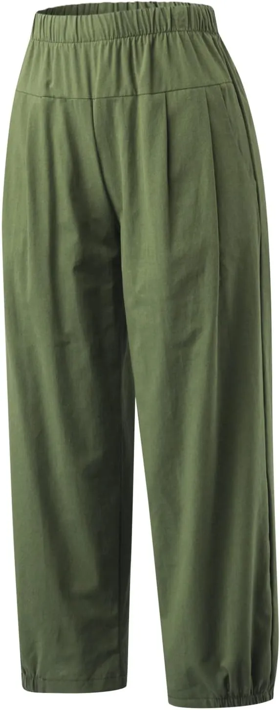 Women's Capri Pants with Pockets Drawstring High Waist Pants Flax Ankle Trousers Wide Leg Cropped Pants for Women