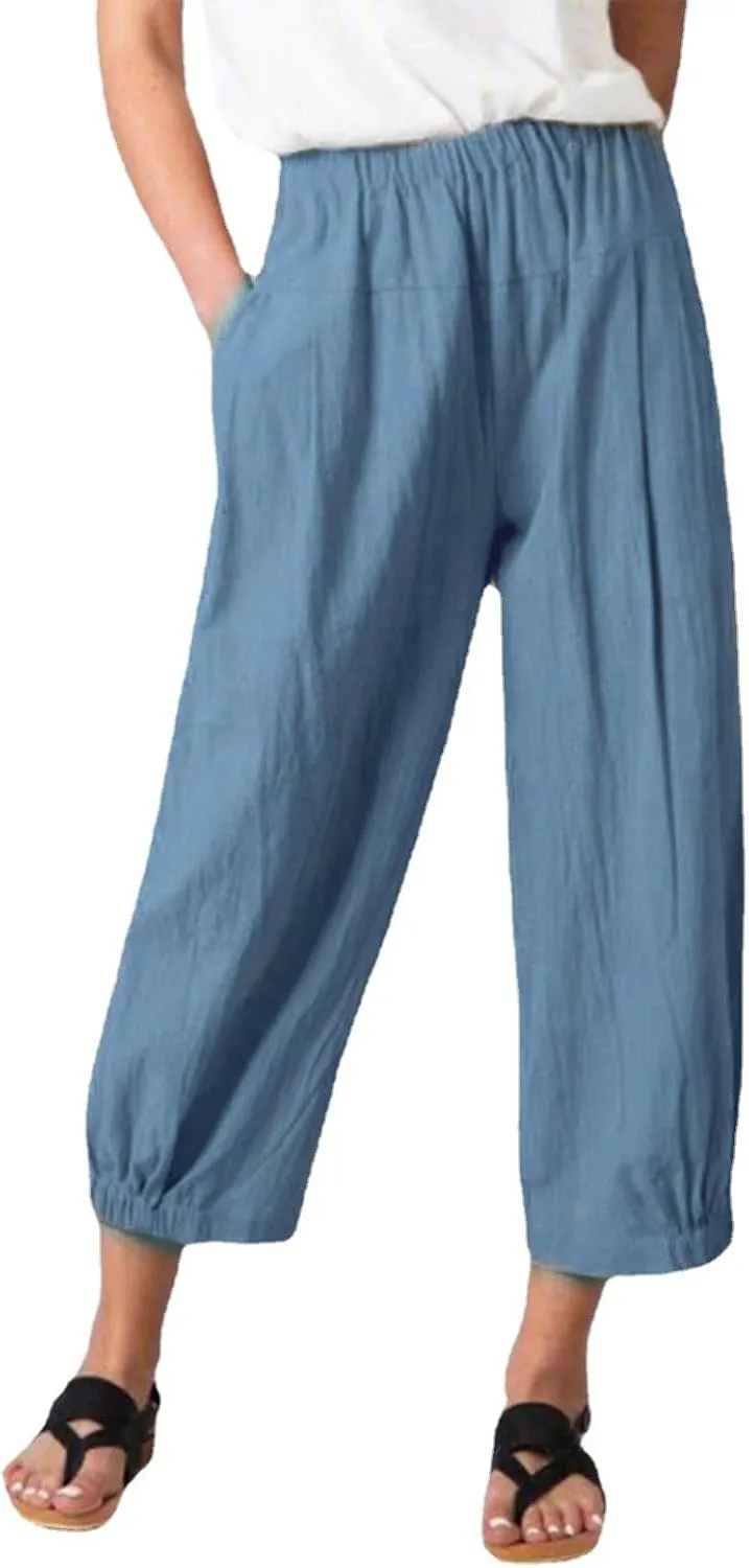 Women's Capri Pants with Pockets Drawstring High Waist Pants Flax Ankle Trousers Wide Leg Cropped Pants for Women