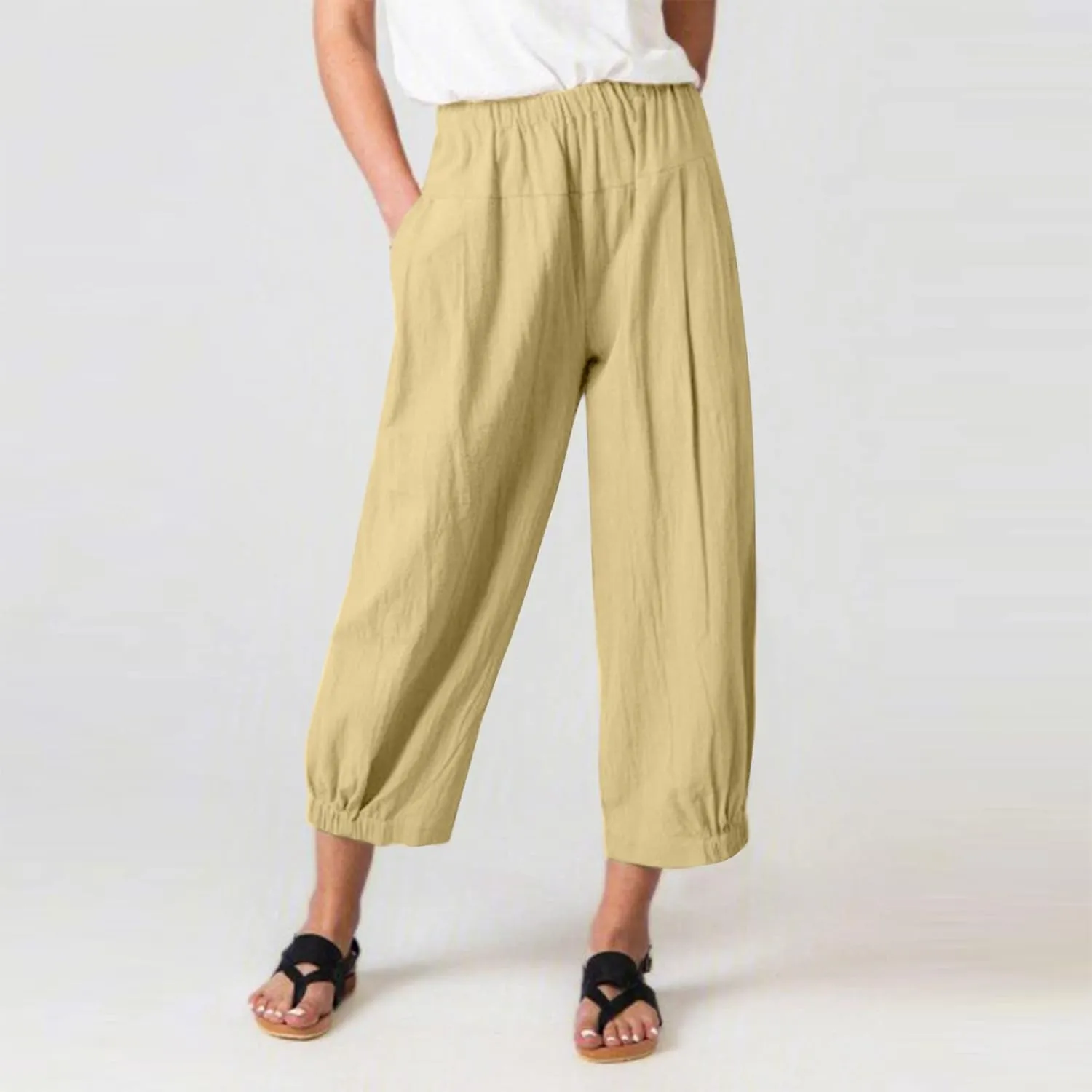 Women's Capri Pants with Pockets Drawstring High Waist Pants Flax Ankle Trousers Wide Leg Cropped Pants for Women