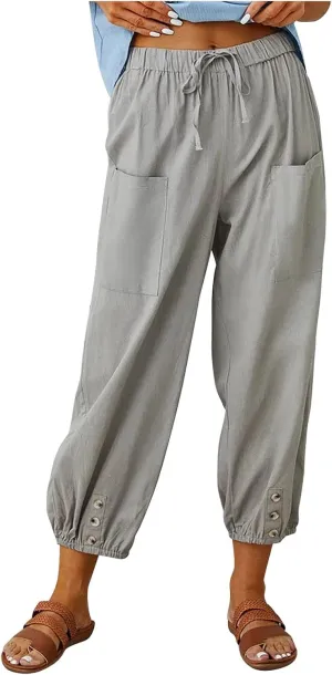 Women's Capri Pants with Pockets Drawstring High Waist Pants Flax Ankle Trousers Wide Leg Cropped Pants for Women