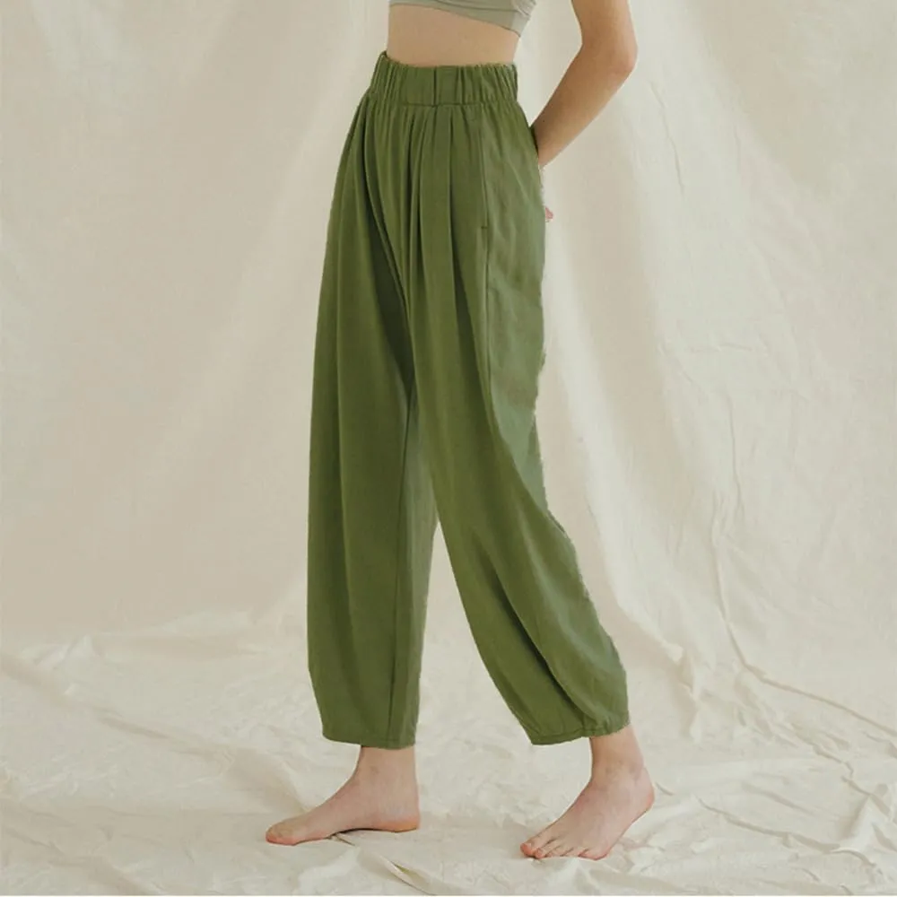 Women's Capri Pants with Pockets Drawstring High Waist Pants Flax Ankle Trousers Wide Leg Cropped Pants for Women