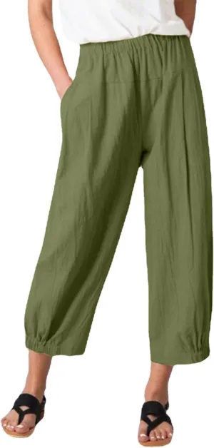 Women's Capri Pants with Pockets Drawstring High Waist Pants Flax Ankle Trousers Wide Leg Cropped Pants for Women