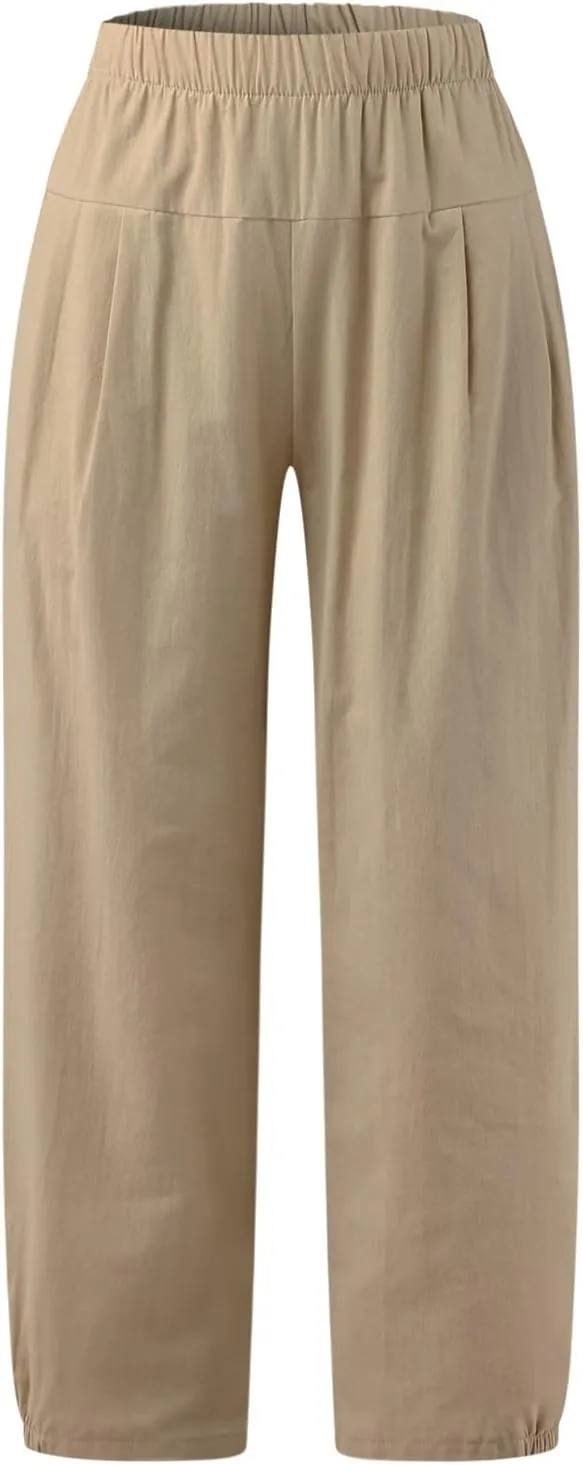 Women's Capri Pants with Pockets Drawstring High Waist Pants Flax Ankle Trousers Wide Leg Cropped Pants for Women