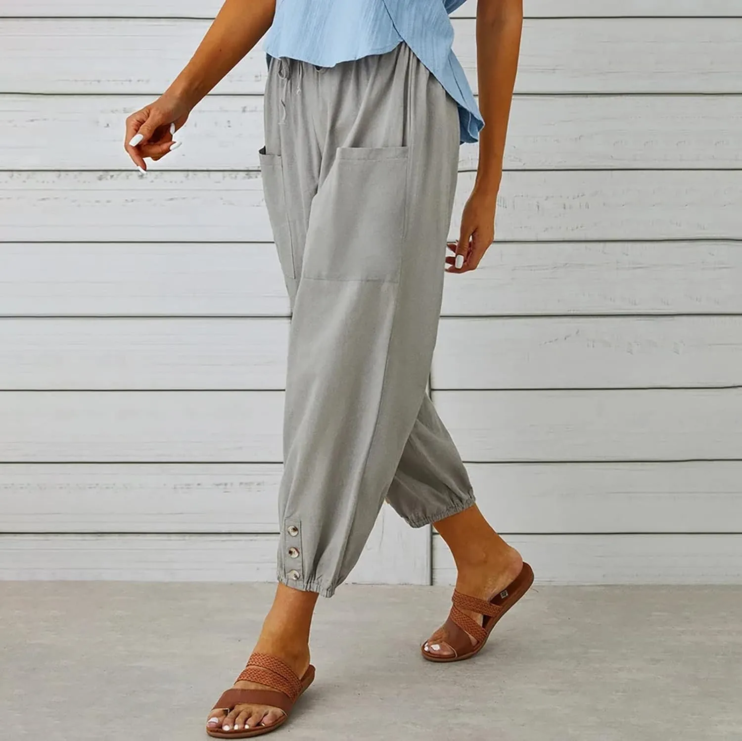 Women's Capri Pants with Pockets Drawstring High Waist Pants Flax Ankle Trousers Wide Leg Cropped Pants for Women