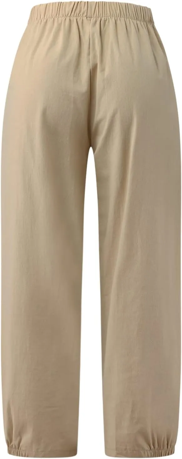 Women's Capri Pants with Pockets Drawstring High Waist Pants Flax Ankle Trousers Wide Leg Cropped Pants for Women