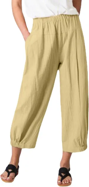 Women's Capri Pants with Pockets Drawstring High Waist Pants Flax Ankle Trousers Wide Leg Cropped Pants for Women