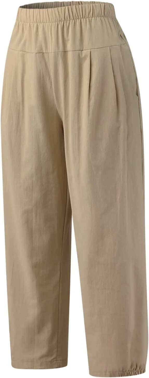 Women's Capri Pants with Pockets Drawstring High Waist Pants Flax Ankle Trousers Wide Leg Cropped Pants for Women