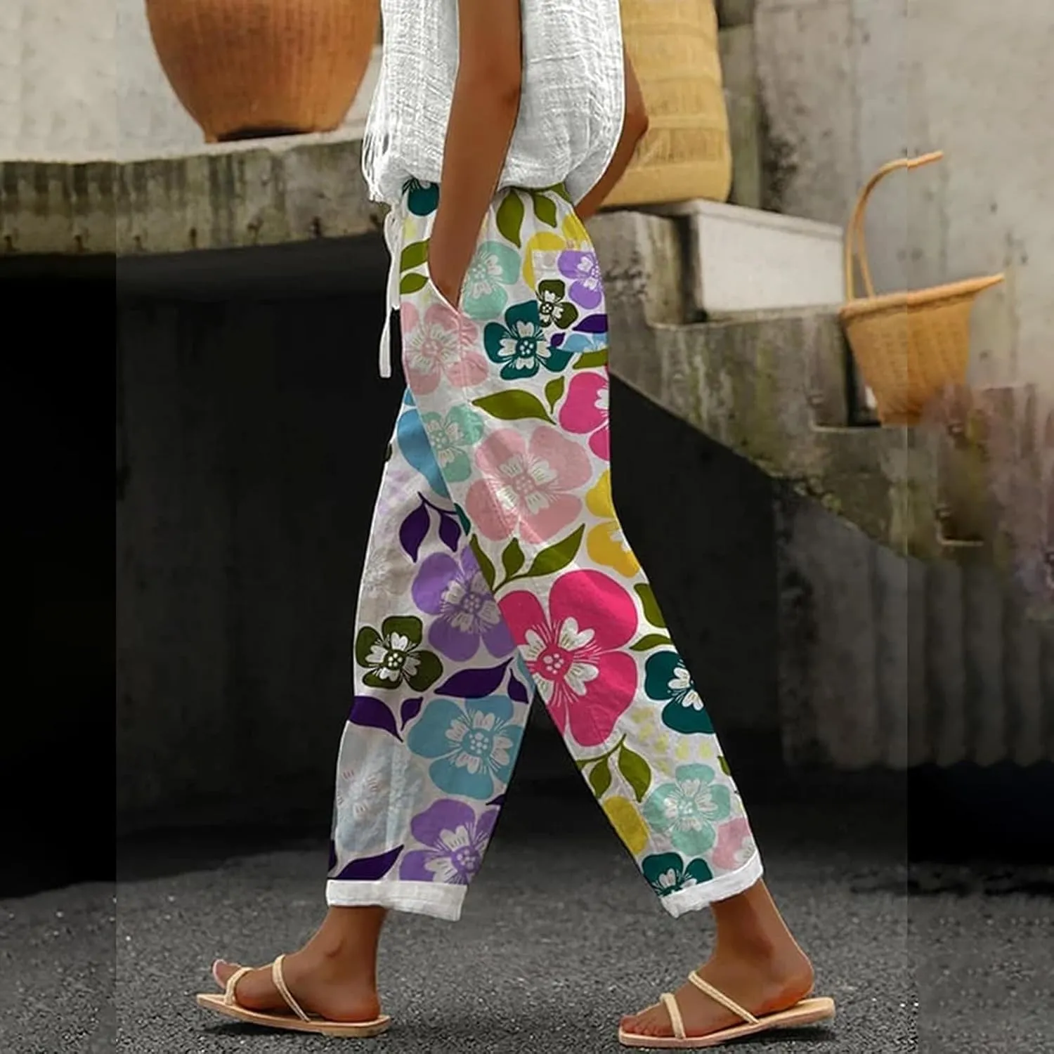 Women's Casual Cotton Linen Pants Capri Elastic Waisted Drawstring Long Trousers with Pocket Summer Spring Beach