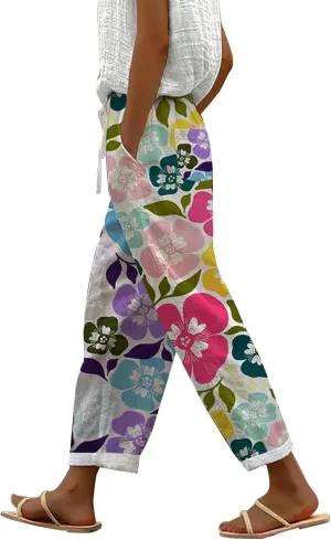 Women's Casual Cotton Linen Pants Capri Elastic Waisted Drawstring Long Trousers with Pocket Summer Spring Beach