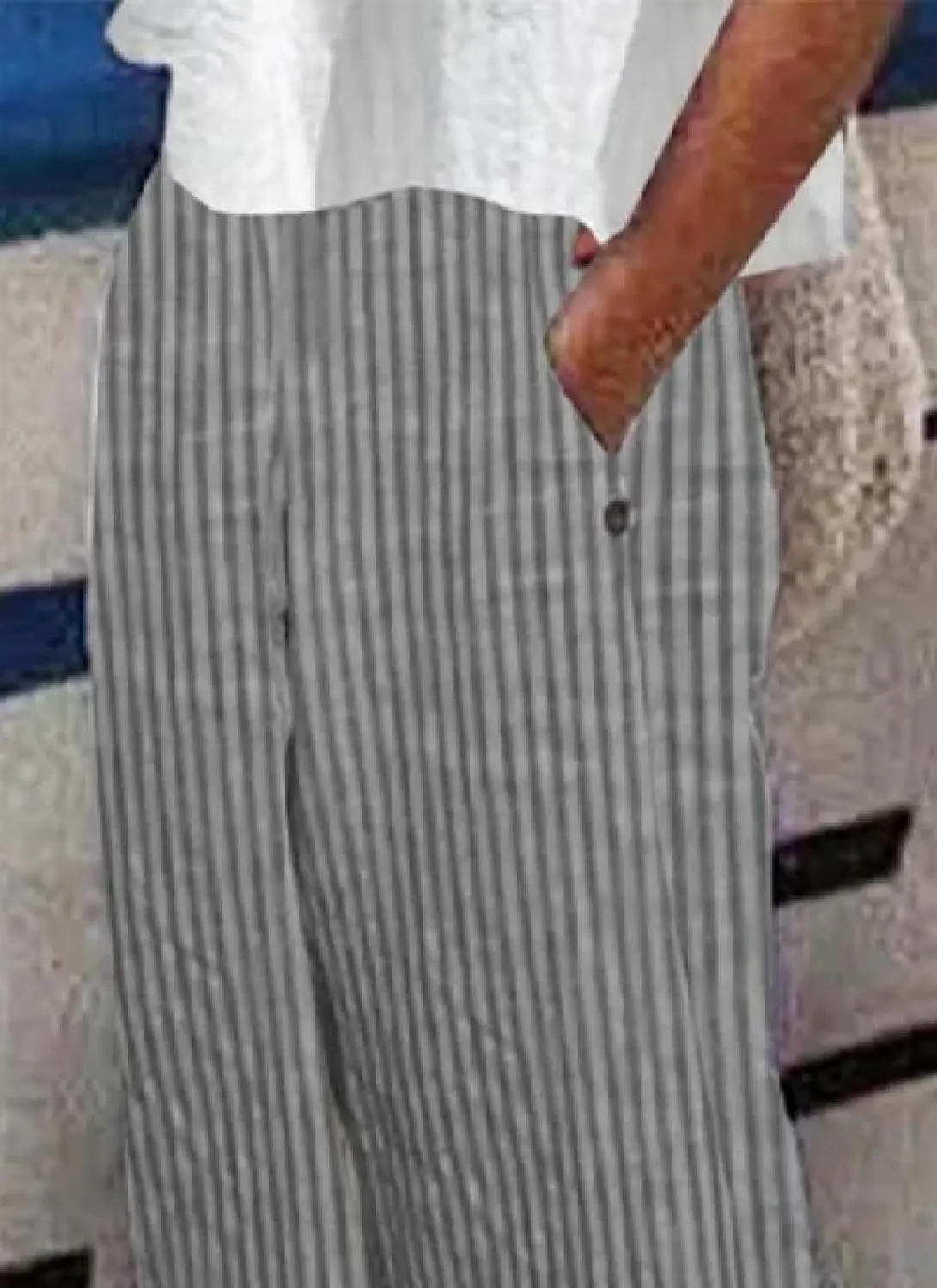 Womens Casual Loose Fit Striped Pants Wide-Leg Style with Side Buttons and Pockets 2025 Fashion
