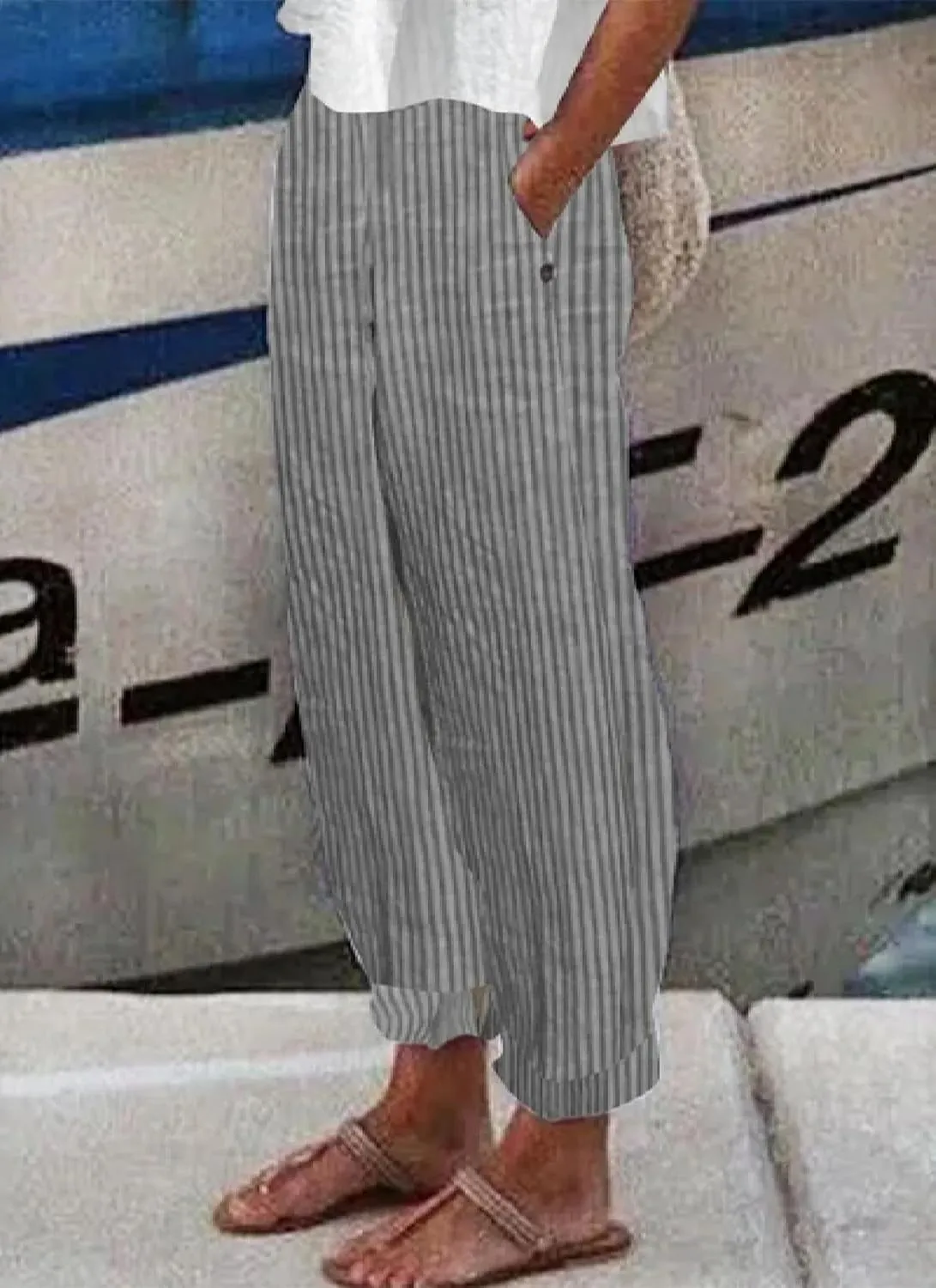 Womens Casual Loose Fit Striped Pants Wide-Leg Style with Side Buttons and Pockets 2025 Fashion
