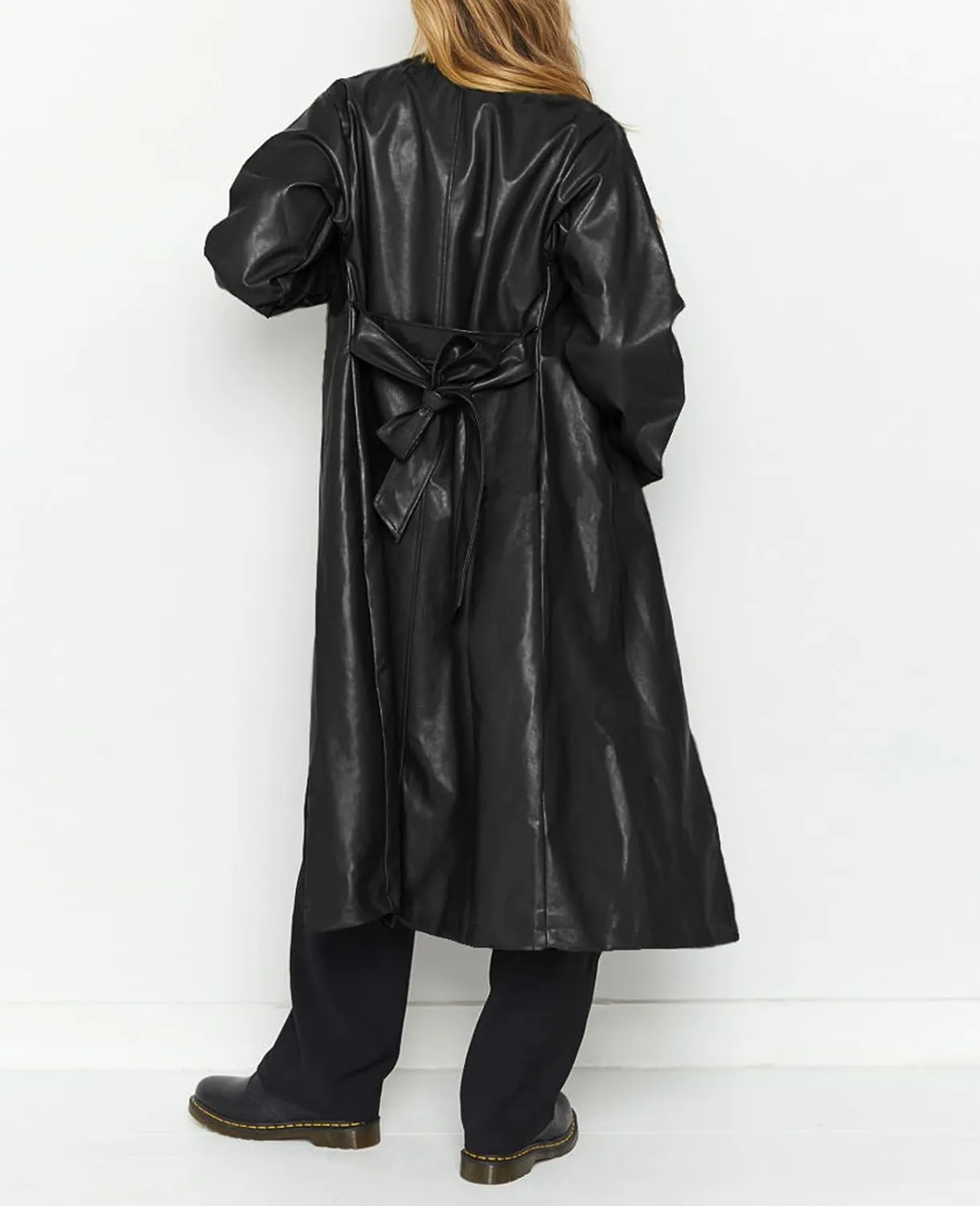 Women's Casual PU Leather Long Jacket Lapel Open Front Trench Coat with Belt