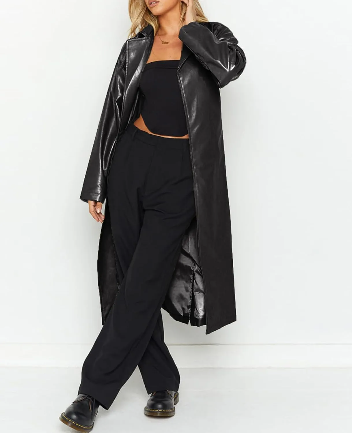 Women's Casual PU Leather Long Jacket Lapel Open Front Trench Coat with Belt