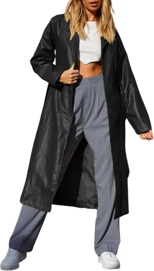Women's Casual PU Leather Long Jacket Lapel Open Front Trench Coat with Belt