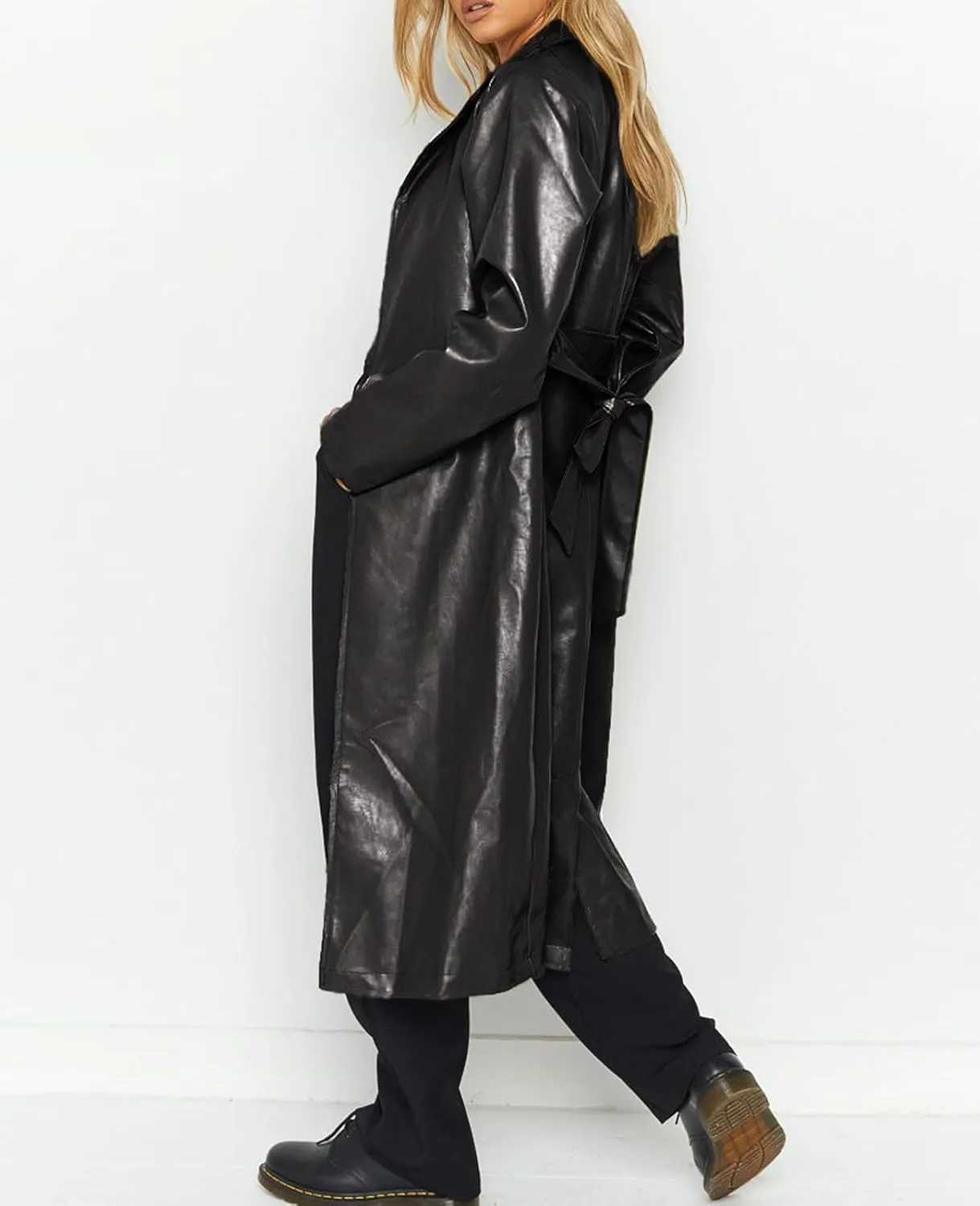 Women's Casual PU Leather Long Jacket Lapel Open Front Trench Coat with Belt