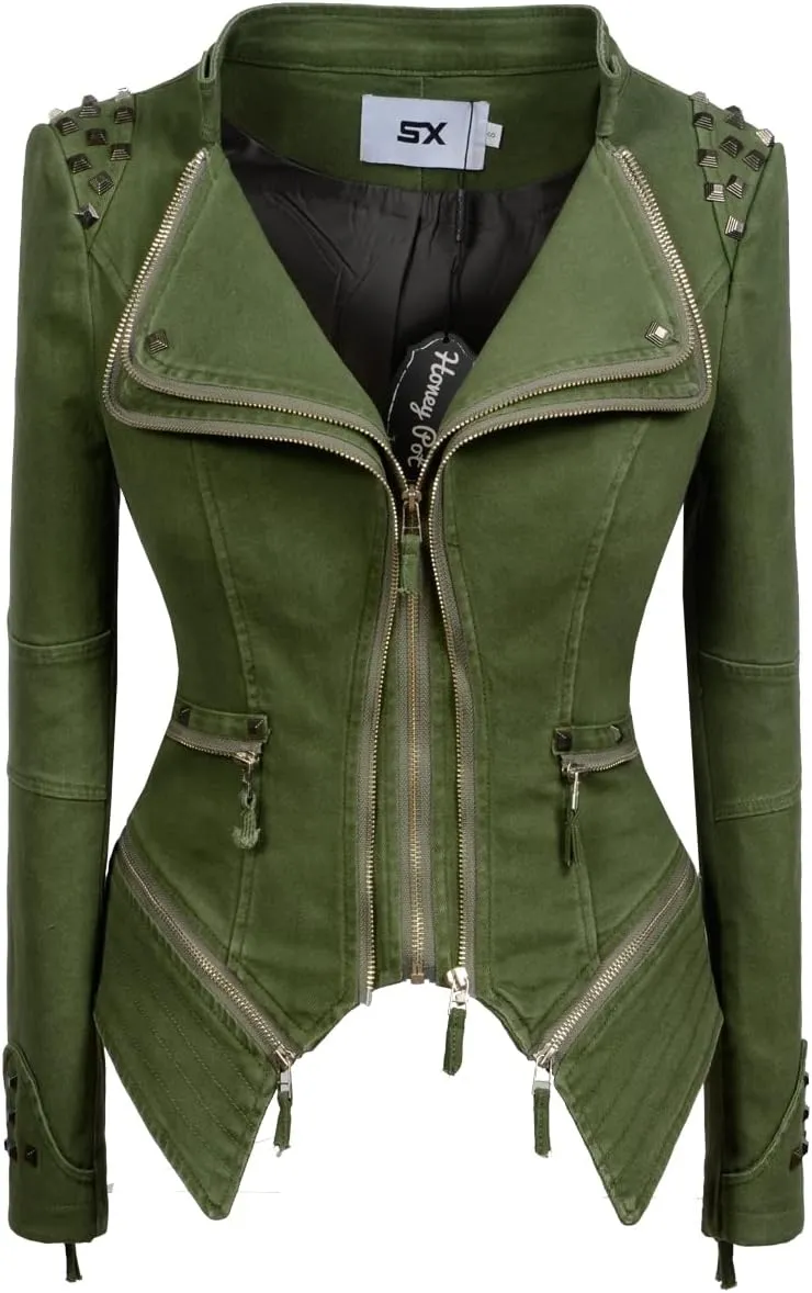 Women's Classic Denim Jacket Personality Studded Punk Motorcycle Dovetail Jacket