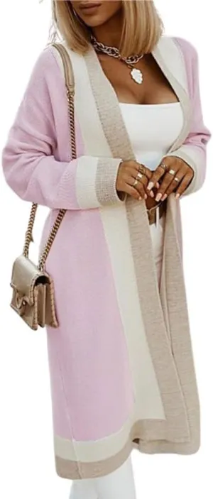Women's Color Block Vertical Striped Cardigan Open Front Sweater Ribbed Knitted Long Coatigan Coat