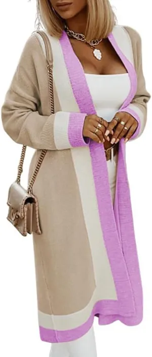 Women's Color Block Vertical Striped Cardigan Open Front Sweater Ribbed Knitted Long Coatigan Coat