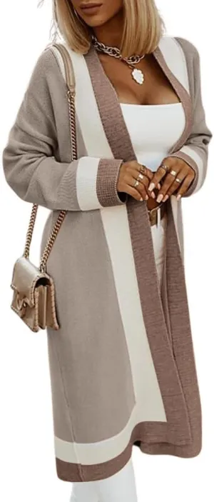 Women's Color Block Vertical Striped Cardigan Open Front Sweater Ribbed Knitted Long Coatigan Coat