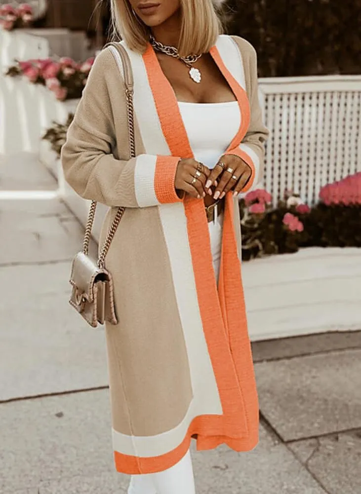 Women's Color Block Vertical Striped Cardigan Open Front Sweater Ribbed Knitted Long Coatigan Coat
