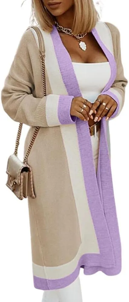 Women's Color Block Vertical Striped Cardigan Open Front Sweater Ribbed Knitted Long Coatigan Coat