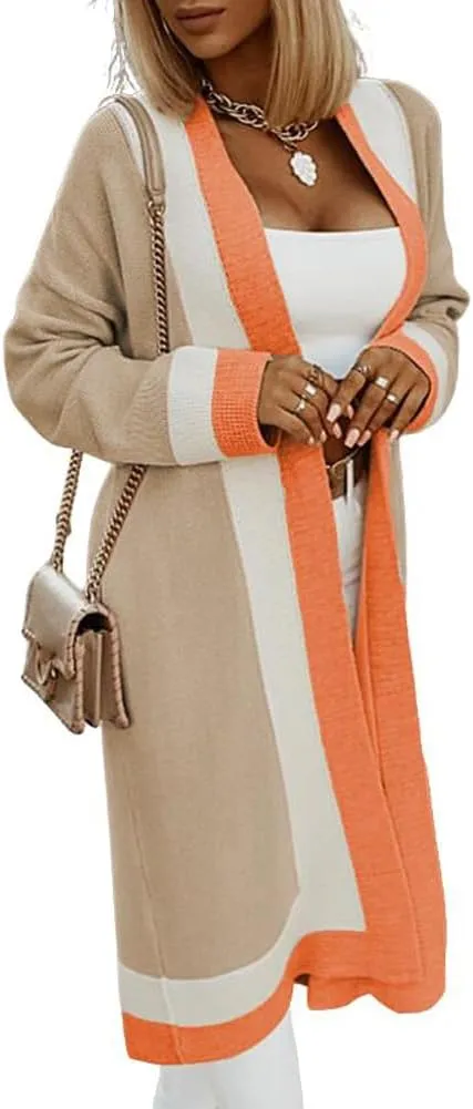 Women's Color Block Vertical Striped Cardigan Open Front Sweater Ribbed Knitted Long Coatigan Coat