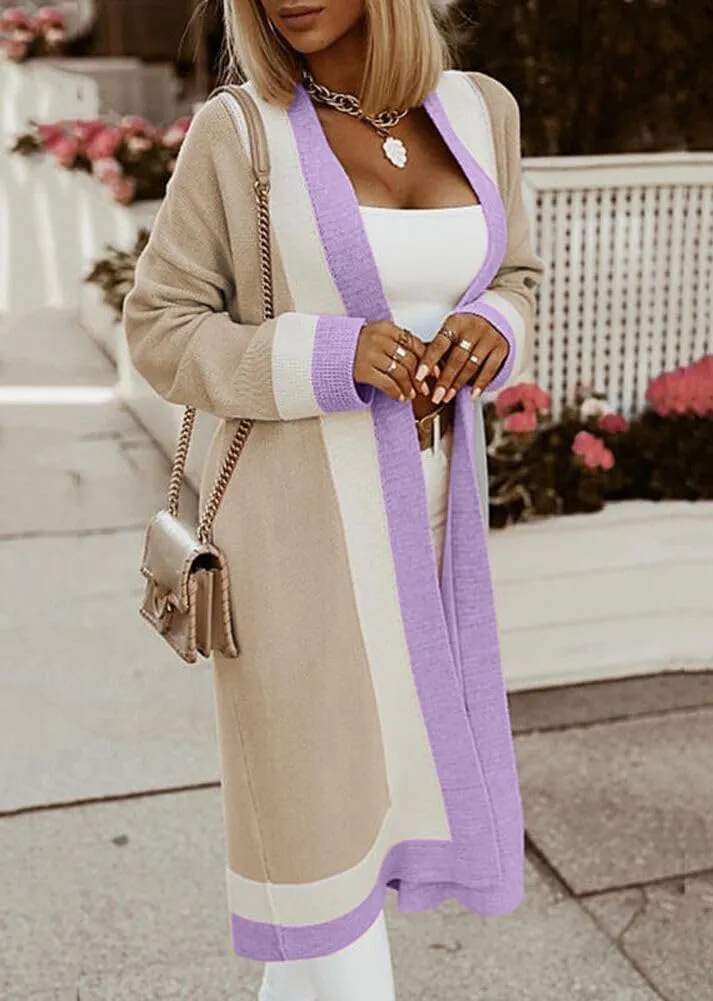 Women's Color Block Vertical Striped Cardigan Open Front Sweater Ribbed Knitted Long Coatigan Coat