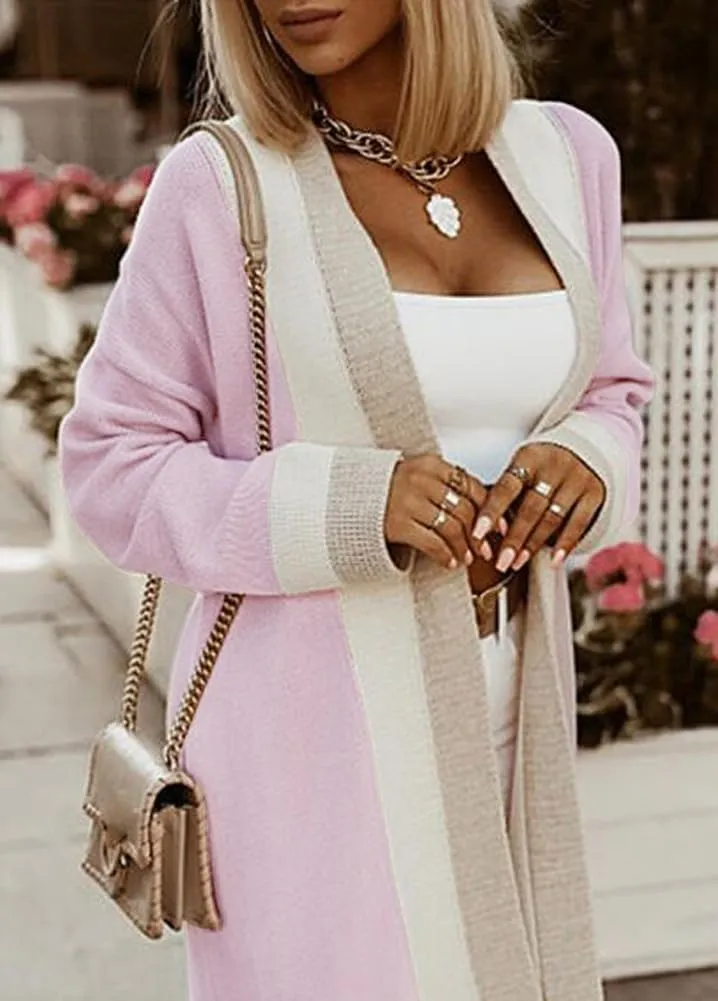 Women's Color Block Vertical Striped Cardigan Open Front Sweater Ribbed Knitted Long Coatigan Coat