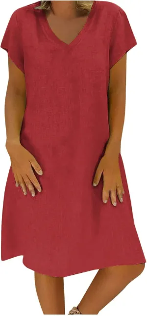 Women's Cotton Linen Midi Dress Classic V Neck Short Sleeve Casual Loose Tshirt Dresses Summer Solid Beach Sundress