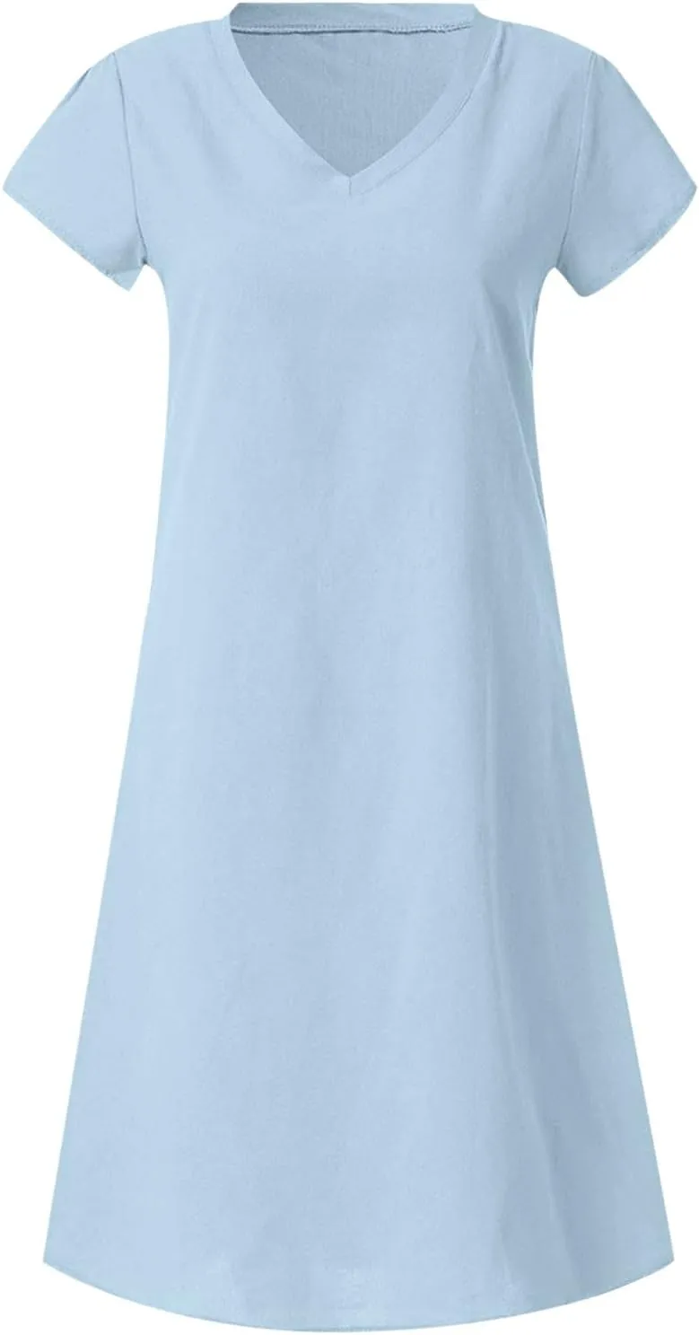Women's Cotton Linen Midi Dress Classic V Neck Short Sleeve Casual Loose Tshirt Dresses Summer Solid Beach Sundress