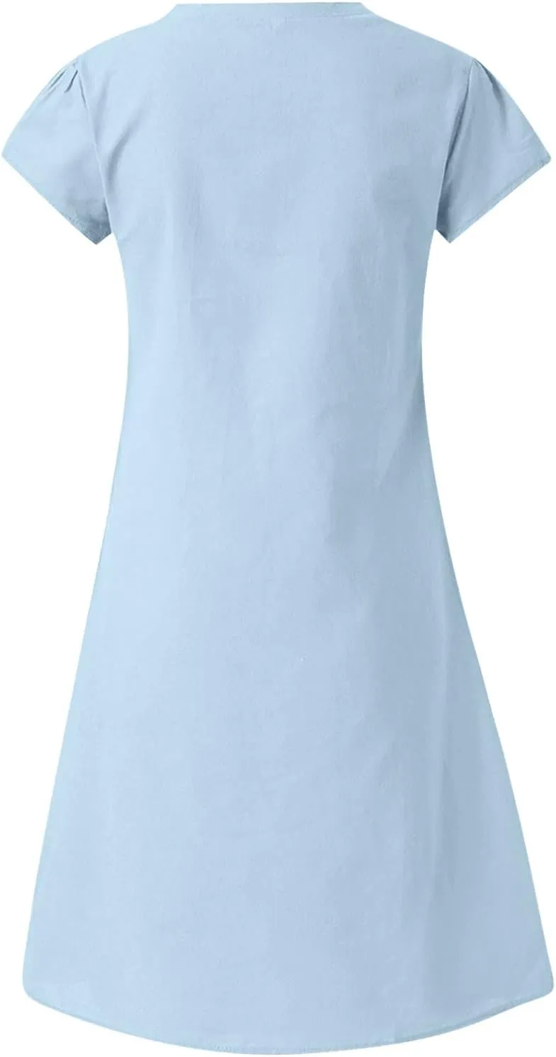 Women's Cotton Linen Midi Dress Classic V Neck Short Sleeve Casual Loose Tshirt Dresses Summer Solid Beach Sundress