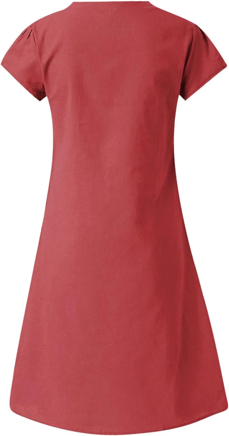 Women's Cotton Linen Midi Dress Classic V Neck Short Sleeve Casual Loose Tshirt Dresses Summer Solid Beach Sundress