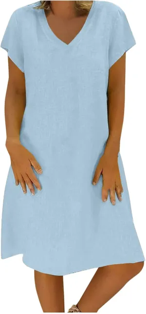 Women's Cotton Linen Midi Dress Classic V Neck Short Sleeve Casual Loose Tshirt Dresses Summer Solid Beach Sundress