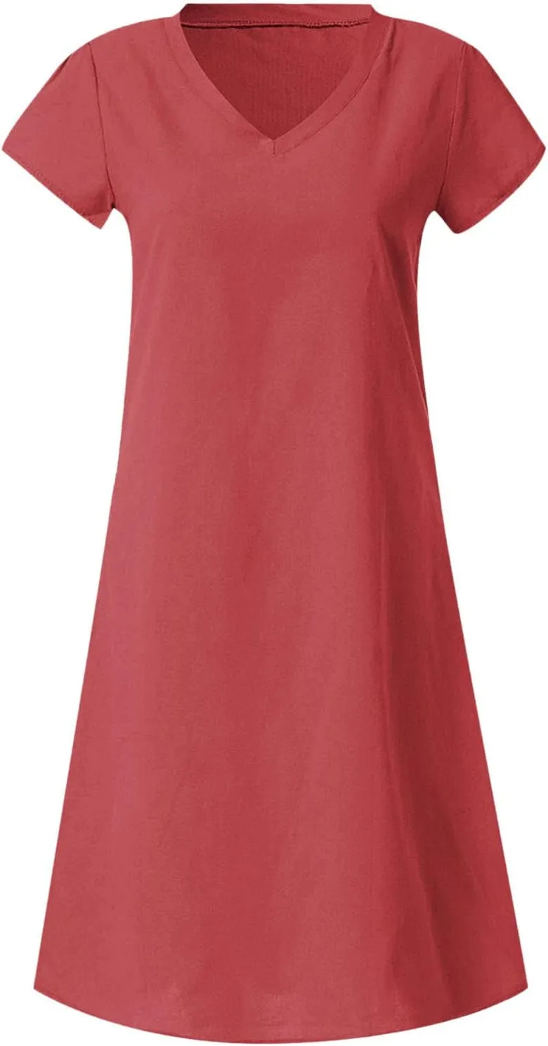 Women's Cotton Linen Midi Dress Classic V Neck Short Sleeve Casual Loose Tshirt Dresses Summer Solid Beach Sundress