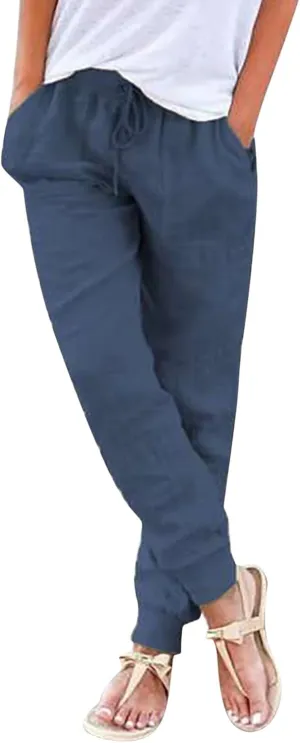 Womens Cotton Linen Pants Summer Beach Drawstring Elastic Waist Pants Casual Trousers with Pockets