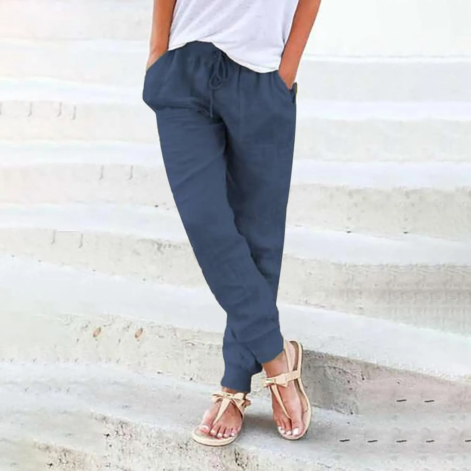 Womens Cotton Linen Pants Summer Beach Drawstring Elastic Waist Pants Casual Trousers with Pockets
