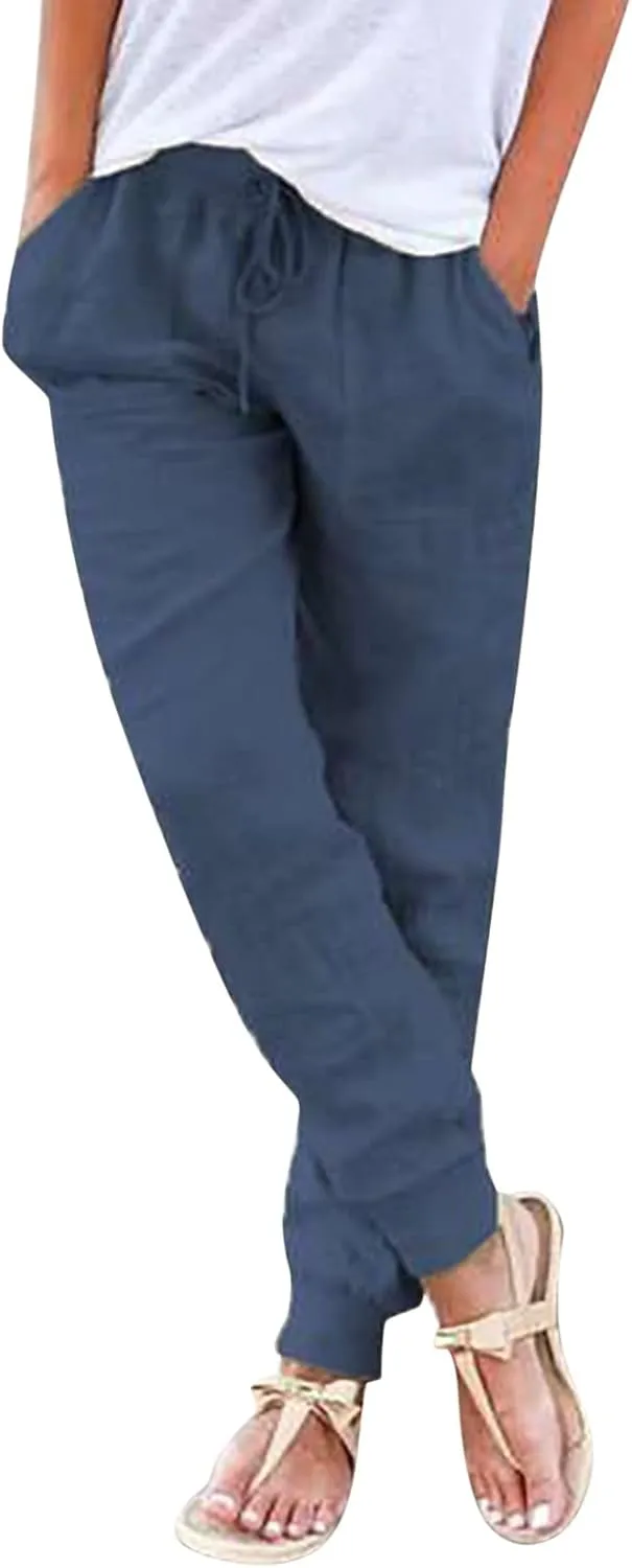 Womens Cotton Linen Pants Summer Beach Drawstring Elastic Waist Pants Casual Trousers with Pockets
